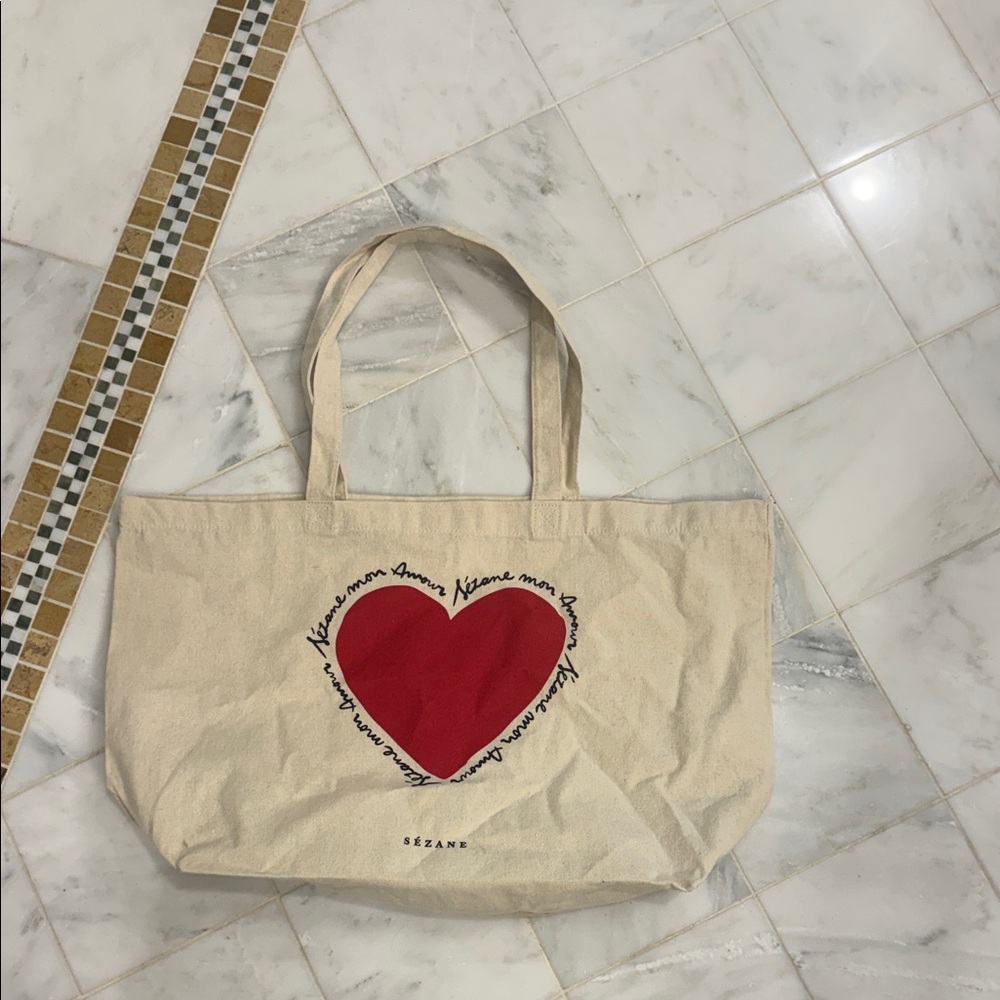 Sezane Cream Tote Bag with Red Heart